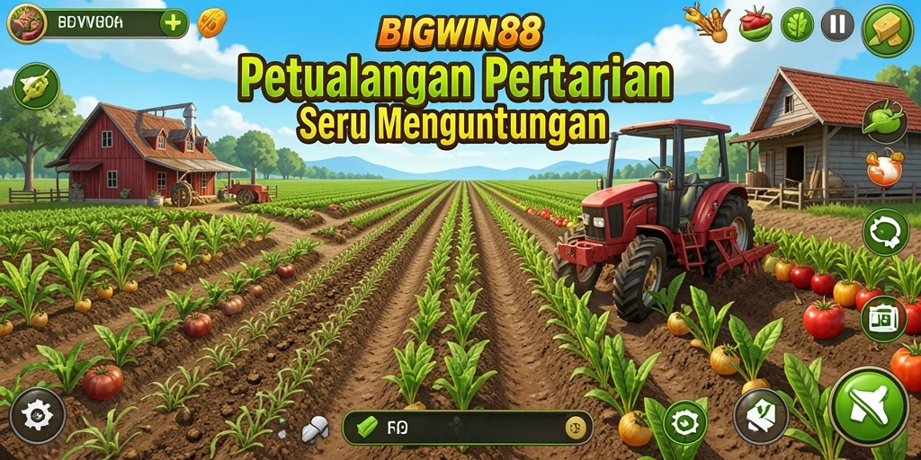 Tangkapan layar gameplay menunjukkan petani mengelola ladang penuh tanaman.