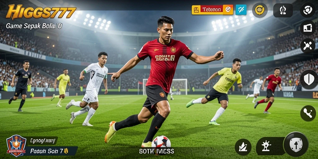 Screenshot gameplay HIGGS777 menampilkan aksi seru di lapangan sepak bola.