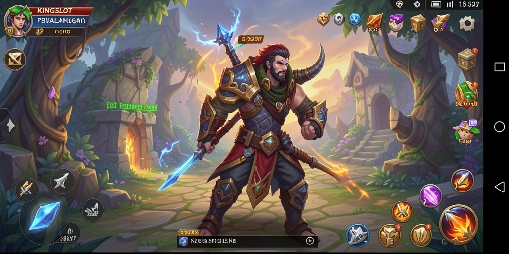 Screenshot gameplay KINGSLOT menampilkan pertempuran epik di dunia fantastis.