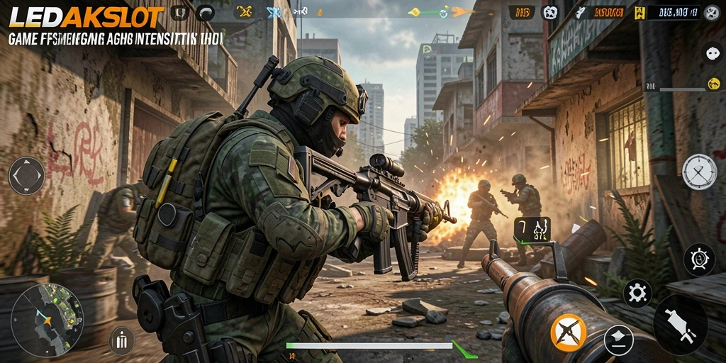 Tampilan menegangkan gameplay LEDAKSLOT saat pertempuran FPS.
