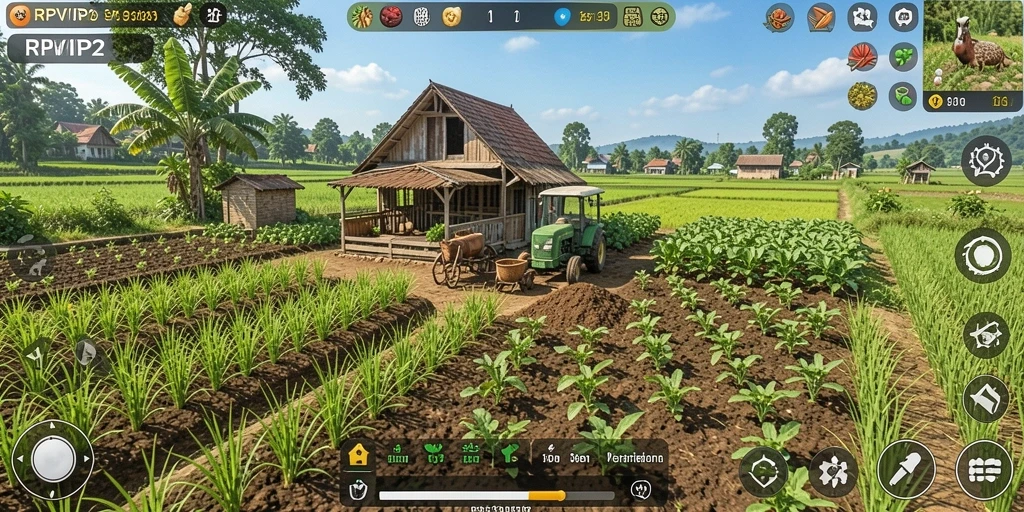 Screenshot gameplay RPVIP2 menampilkan aktivitas bertani yang seru.